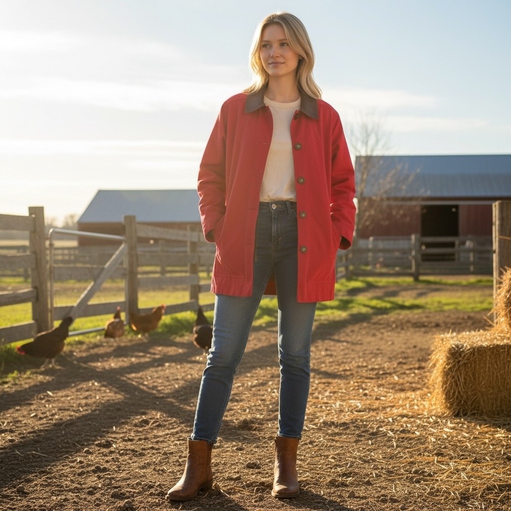 Talbots Red Cotton Barn Jacket Leather Collar Plaid Flannel Lined XS